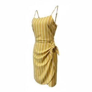 Woven Golden Yellow and Cream Striped Mini Wrap Dress Size M NWT